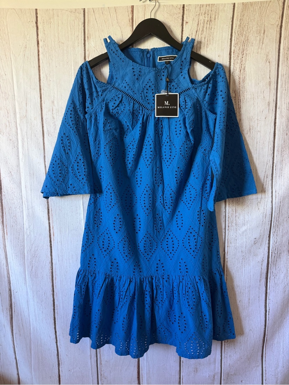 Melanie Lyne Blue Eyelet Cold Shoulder Dress 100% Cotton Size 2